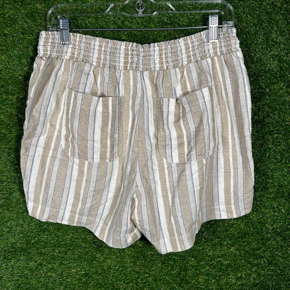 Briggs Womens Striped Linen Blend‎ Shorts Tan Blue White Smocked Waist Size M